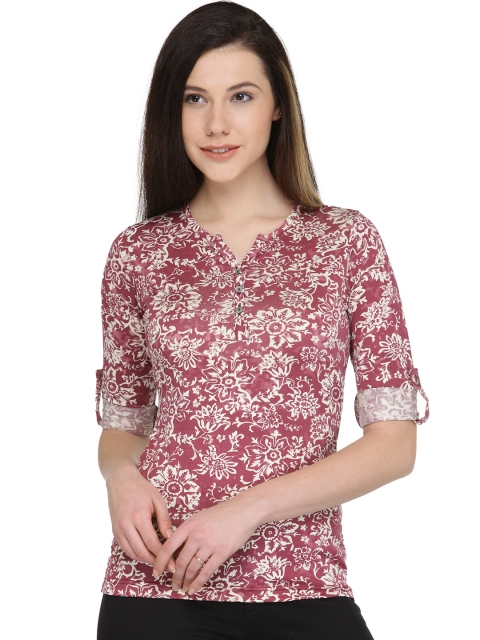 

plusS Women Maroon & White Printed Pure Cotton Top