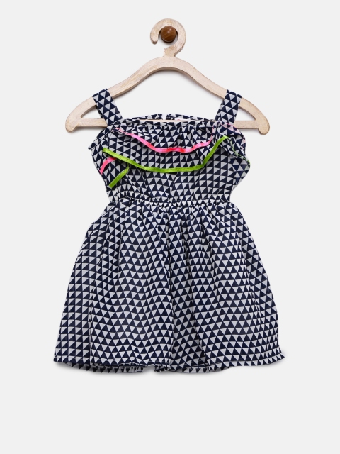 

Peppermint Girls White & Navy Blue Printed Fit and Flare Dress