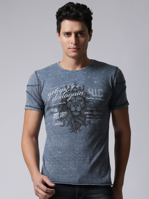 

YWC Men Blue Printed Round Neck T-shirt