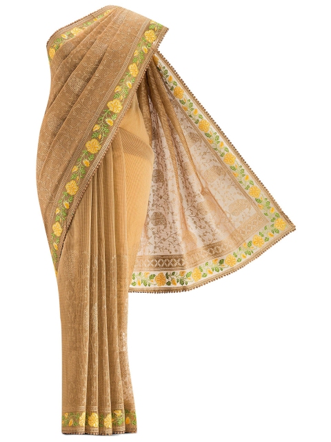 

Nalli Next Beige & Green Floral Embroidered Pure Cotton Saree