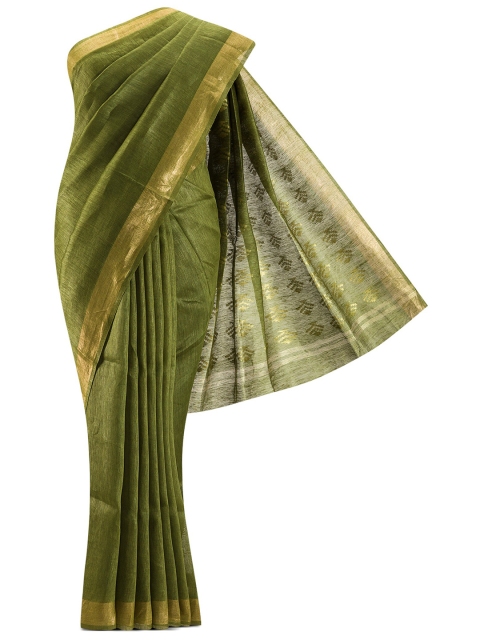 

Nalli Next Green Linen Blend Saree Zari Border