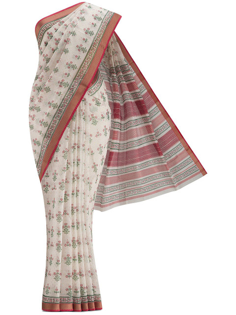 

Nalli Next Women Cream-Coloured & Pink Floral Silk Cotton Maheshwari Saree