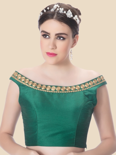 

neckbook Women Green Boat neck Dupion Readymade Saree Blouse