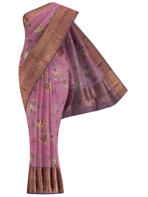 

Nalli Silk Sarees Pink & Gold-Toned Floral Zari Organza Saree