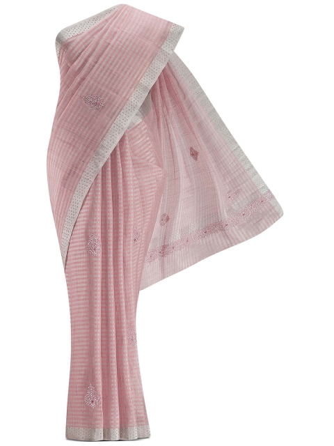 

Nalli Next Beige & Gold-Toned Floral Zari Organza Saree, Pink