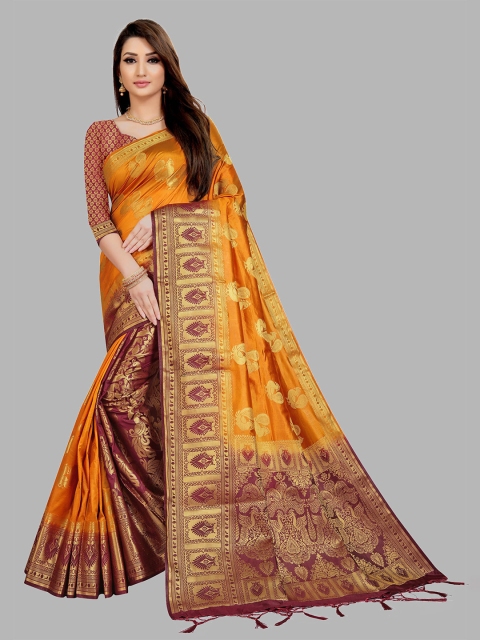 

nirja Fab Mustard & Maroon Ethnic Motifs Zari Kanjeevaram Saree