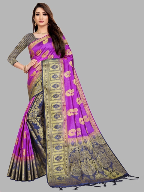 

nirja Fab Purple & Navy Blue Ethnic Motifs Zari Kanjeevaram Saree