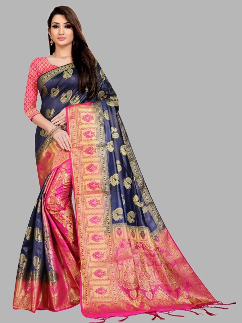 

nirja Fab Navy Blue & Magenta Ethnic Motifs Zari Kanjeevaram Saree