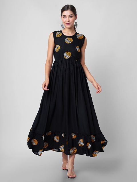 

DRESSAR Black Floral Fit and Flare Round Neck Maxi Dress