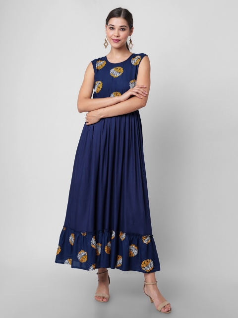 

DRESSAR Blue Floral Maxi Round Neck Fit and Flare Dress