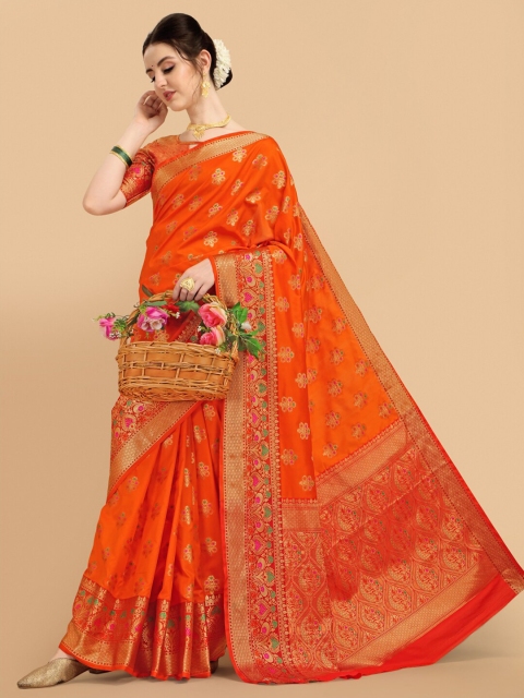 

Sangria Women Orange Woven Design Embellished Zari Silk Blend Banarasi Saree