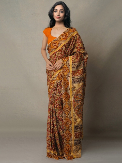 

Unnati Silks Women Brown & Orange Kalamkari Pure Printed Silk Block Print Saree