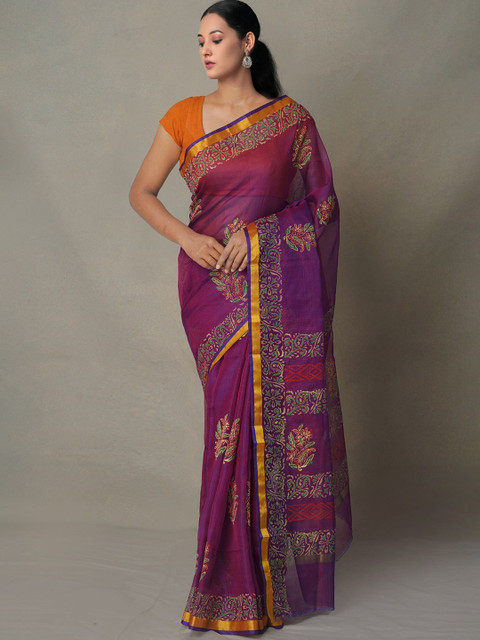 

Unnati Silks Purple & Gold-Toned Ethnic Motifs Zari Hand Block Print Pure Silk Saree