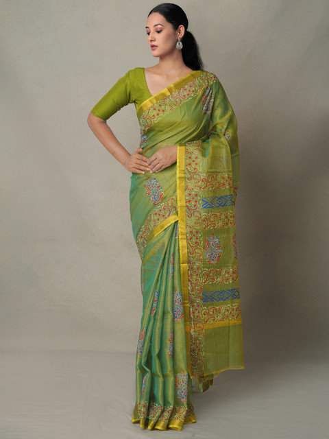 

Unnati Silks Green & Blue Floral Pure Silk Kota Saree