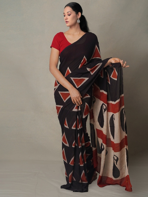 

Unnati Silks Black & Red Tie and Dye Pure Cotton Bagru Saree