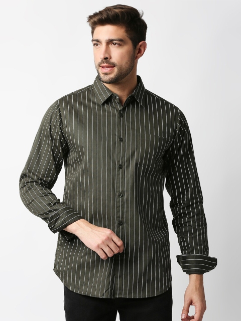 

VALEN CLUB Men Olive Green Slim Fit Striped Casual Shirt