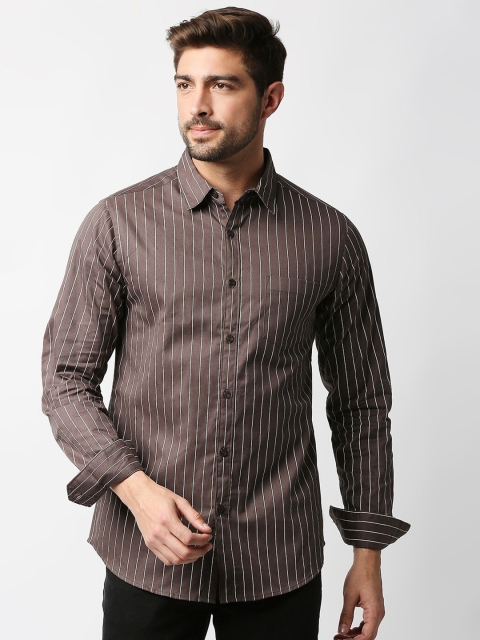 

VALEN CLUB Men Coffee Brown Slim Fit Striped Casual Shirt