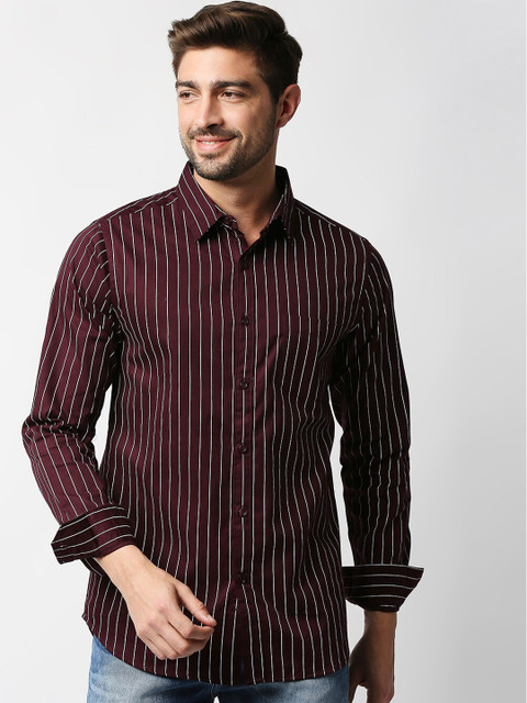 

VALEN CLUB Men Maroon Slim Fit Striped Casual Shirt