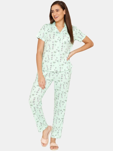 

Zivame Women Green & Pink Printed Night suit