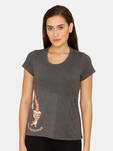 

Zivame Charcoal & Brown Print Applique Top