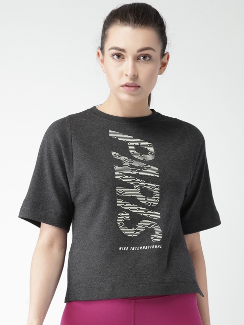 

Nike Women Charcoal Grey AS NK INTL SS Printed Top