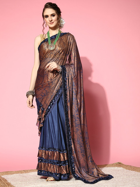 

Ishin Navy Blue & Brown Woven Design Saree