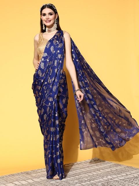 

Ishin Navy Blue & Gold-Toned Floral Saree