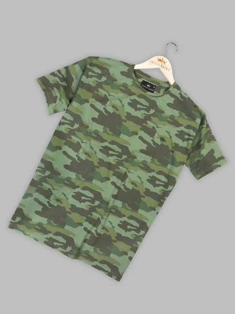

FRENCH CROWN Men Green Camouflage Printed Henley Neck Applique T-shirt