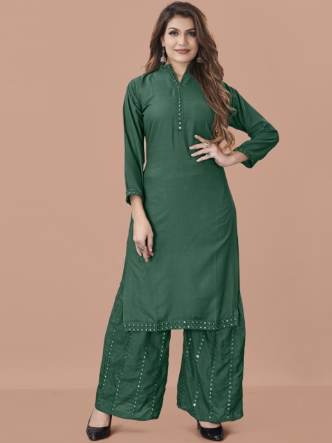 

Fashion FRICKS Women Green Panelled Pure Cotton Kurti with Sharara