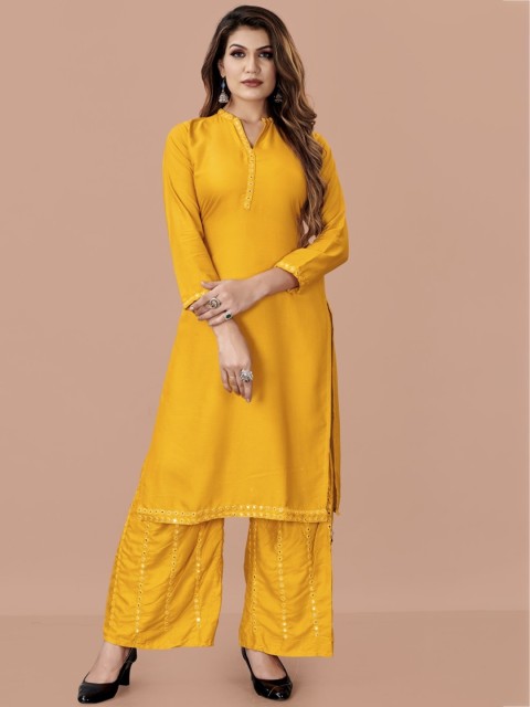 

Fashion FRICKS Women Mustard Yellow Cotton Kurta with Trousers