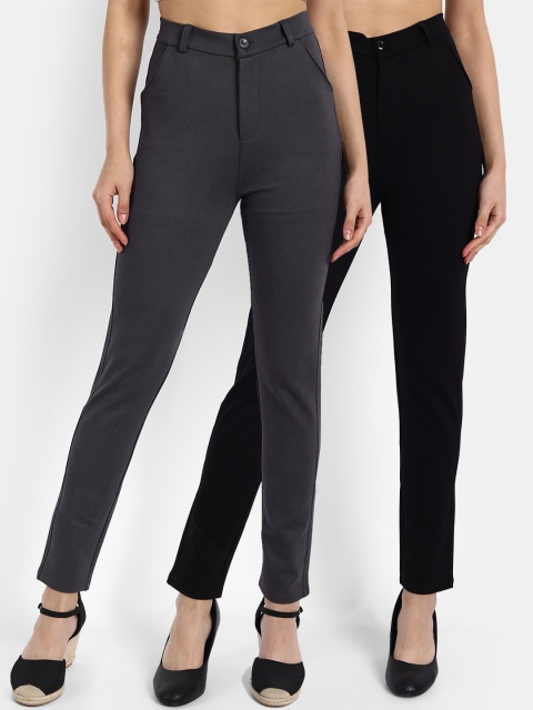

BROADSTAR Women Black Slim Fit pack of 2 High-Rise Trousers