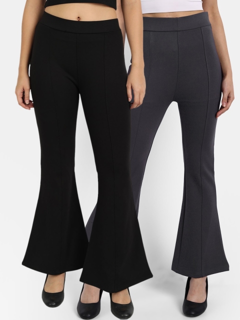 

BROADSTAR Women Black & Grey Flared High-Rise Boot Cut Trousers