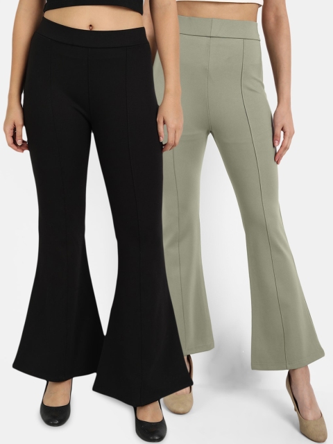 

BROADSTAR Women Black & Olive Set of 2 Flared High-Rise Boot Cut Trousers