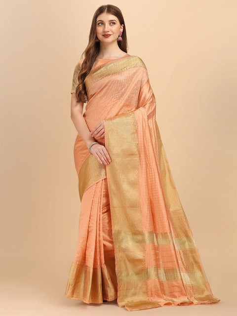 

Fashion Booms Peach-Coloured & Gold-Toned Woven Design Pure Silk Banarasi Saree