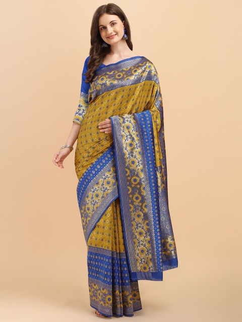 

Fashion Booms Gold-Toned & Blue Floral Zari Pure Silk Kanjeevaram Saree