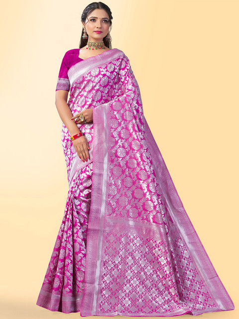

Fashion Booms Purple & Silver-Toned Woven Design Pure Silk Kanjeevaram Saree