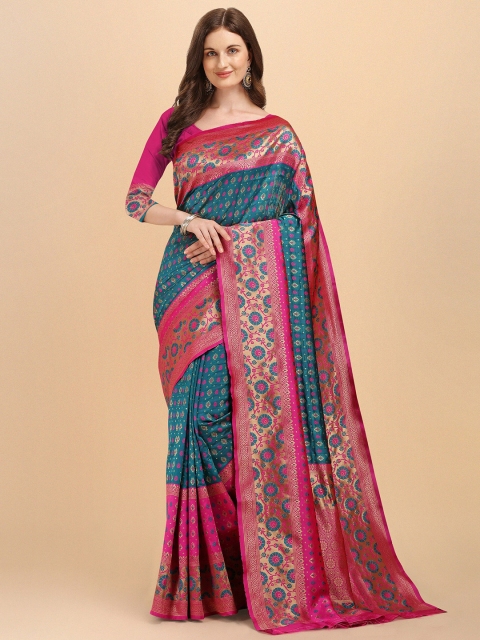 

Fashion Booms Blue & Pink Woven Design Pure Silk Kanjeevaram Saree