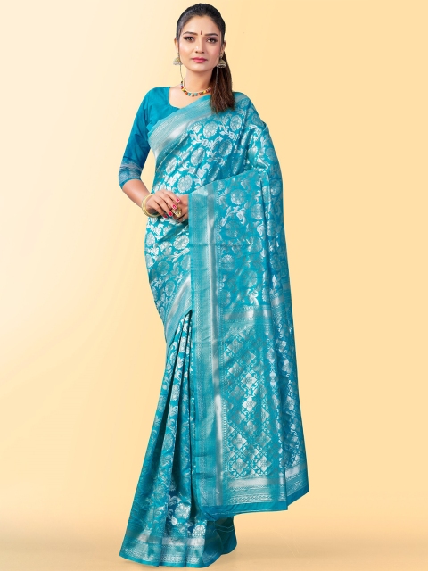 

Fashion Booms Blue & Silver-Toned Woven Design Pure Silk Kanjeevaram Saree