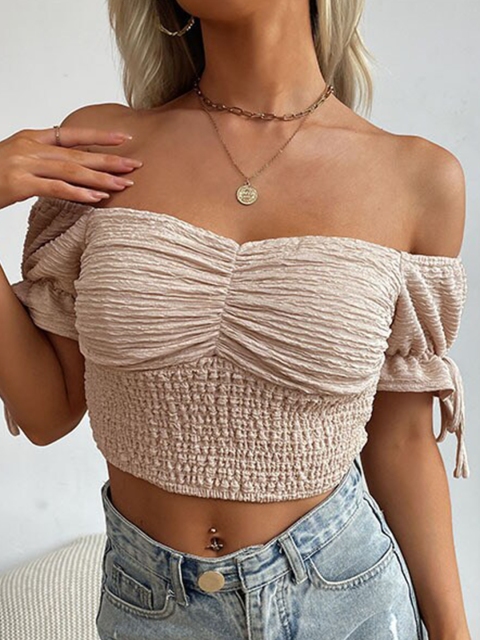 

BoStreet Beige Off-Shoulder Smocked Bardot Crop Top