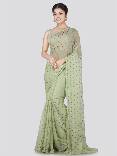 

PinkLoom Green & Pink Floral Embroidered Pure Chiffon Saree