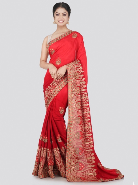 

PinkLoom Red & Gold-Toned Woven Design Pure Chiffon Saree
