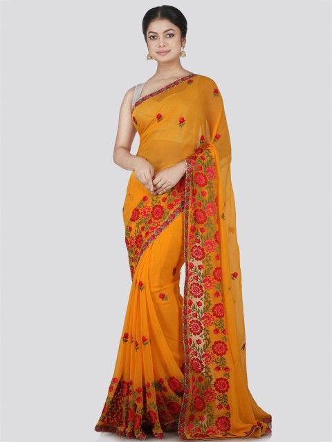 

PinkLoom Yellow & Pink Ethnic Motifs Pure Chiffon Saree