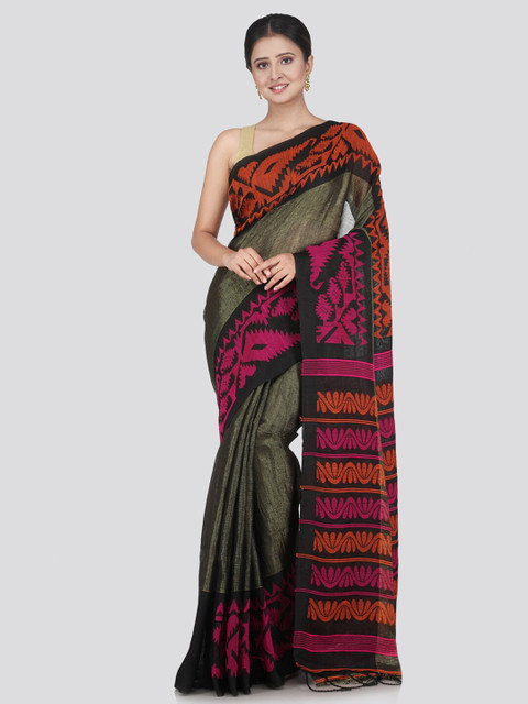 

PinkLoom Black & Pink Woven Design Pure Linen Saree
