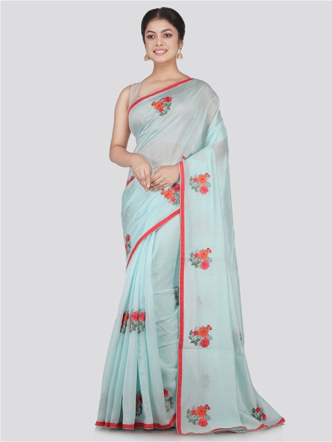

PinkLoom Blue & Red Floral Embroidered Pure Chiffon Saree