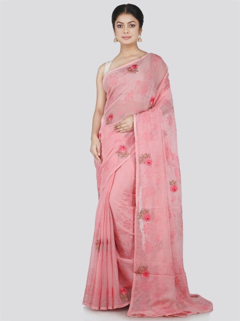 

PinkLoom Pink & Green Embroidered Beads and Stones Pure Chiffon Saree