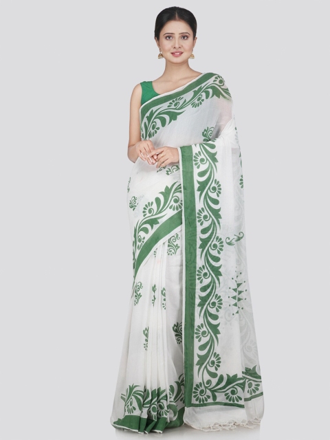 

PinkLoom White & Green Floral Pure Cotton Saree