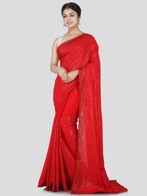 

PinkLoom Red Embellished Sequinned Pure Chiffon Saree