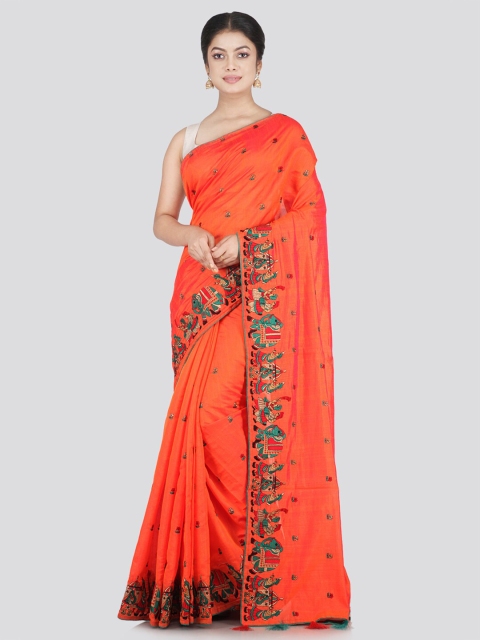 

PinkLoom Orange & Green Ethnic Motifs Embroidered Pure Silk Saree