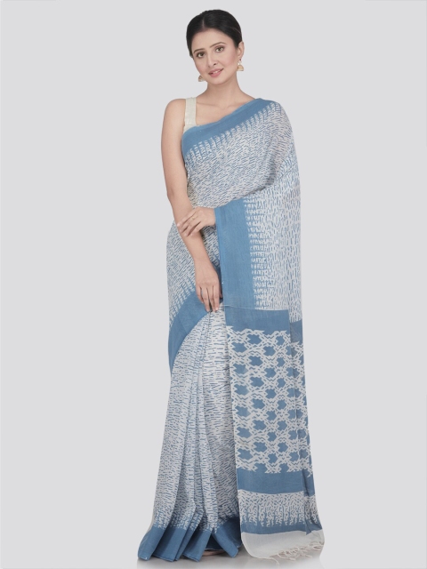 

PinkLoom White & Blue Pure Cotton Saree