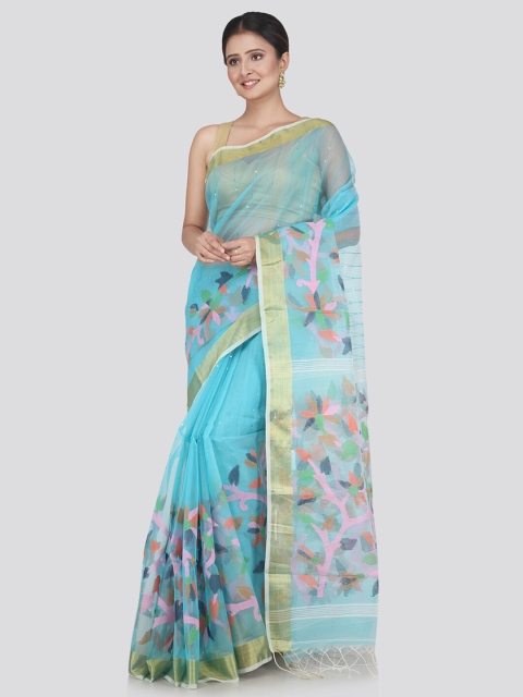 

PinkLoom Turquoise Blue & Silver-Toned Woven Design Organza Saree